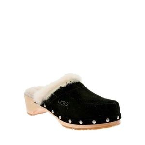 New UGG Kalie Black Suede Sheepskin Lined Mules Clogs‎